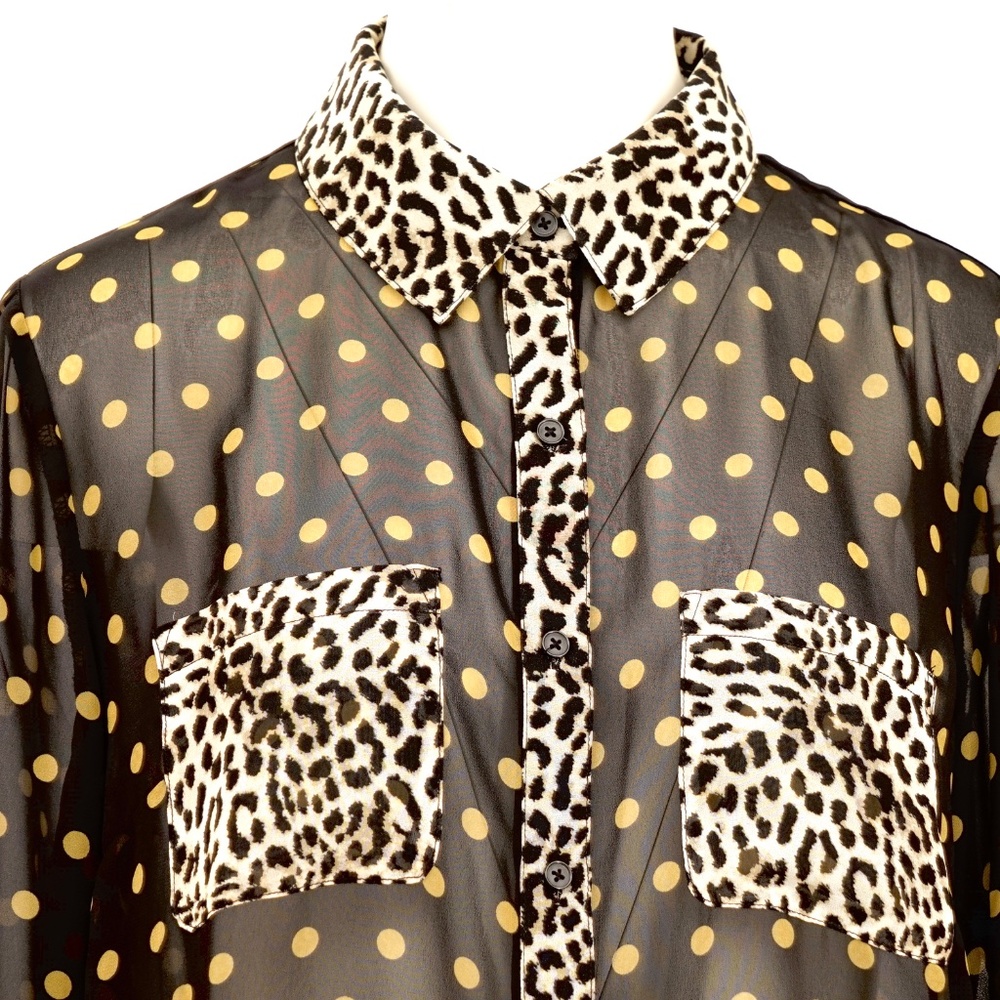 INC NEW leopard print and b/w polka dots blouse long sleeve collar sheer L